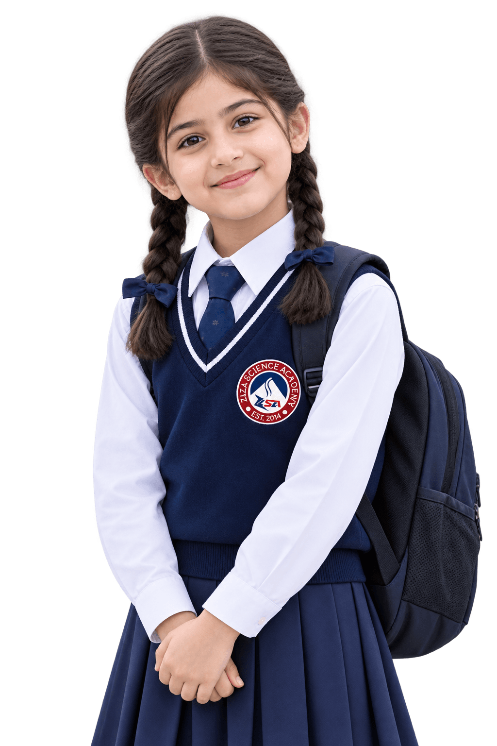 A Ziza student in school uniform with her backpack
